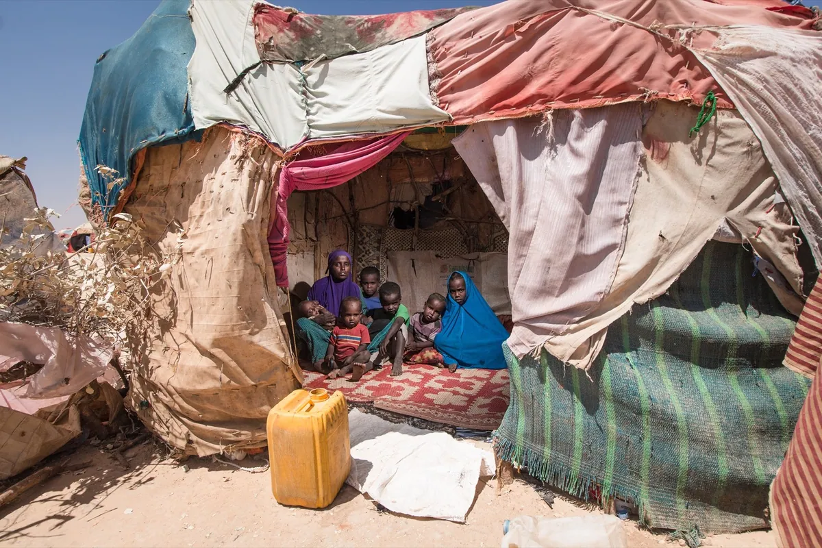 BBC, photo 02. Fardus, a mother of six, came with her children to an informal settlement in Ainabo after they lost all their livestock.